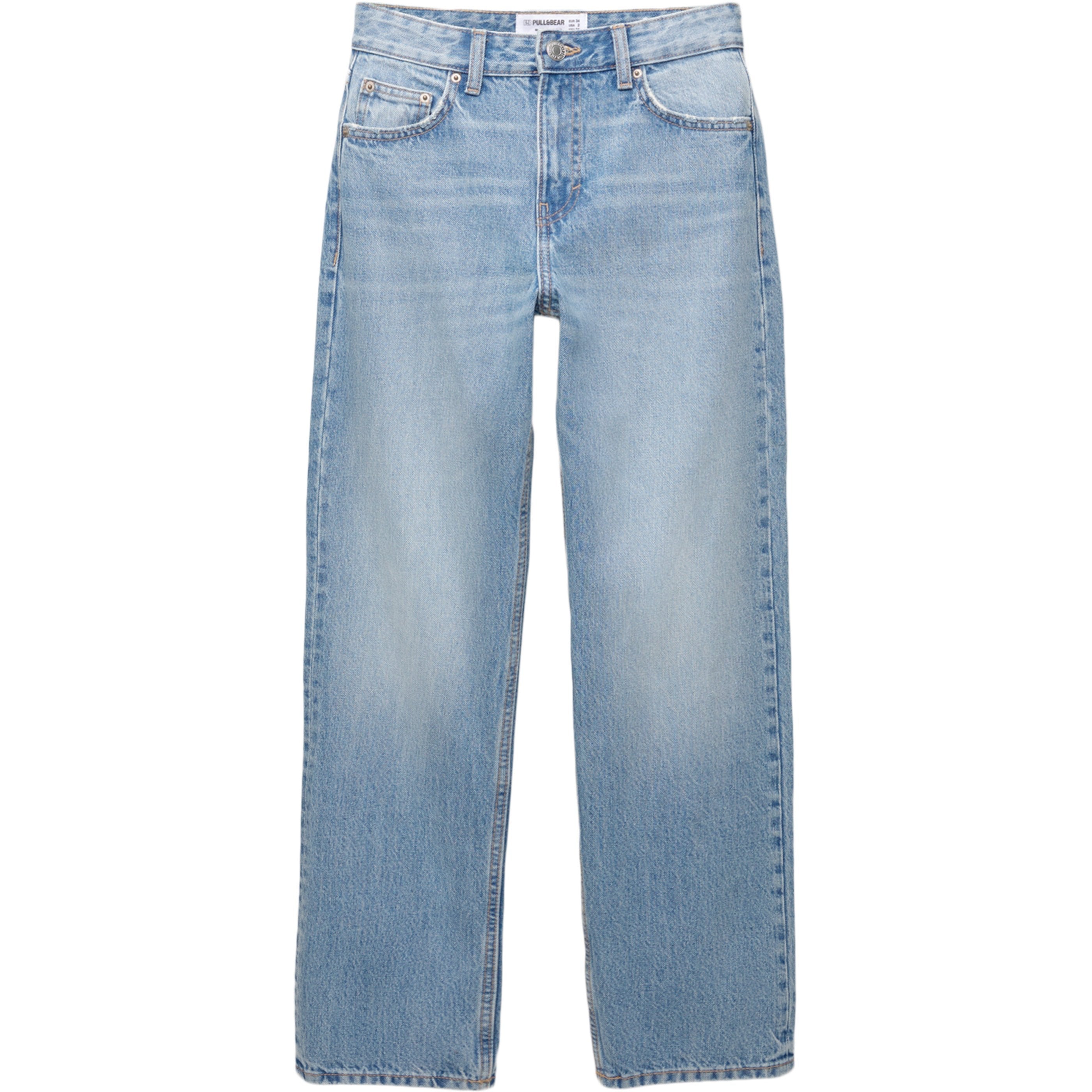 PULL&BEAR Women's Mid-Waist Straight Leg Jeans in Classic Blue Denim
